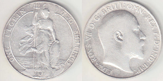 1907 Great Britain silver Florin A003750